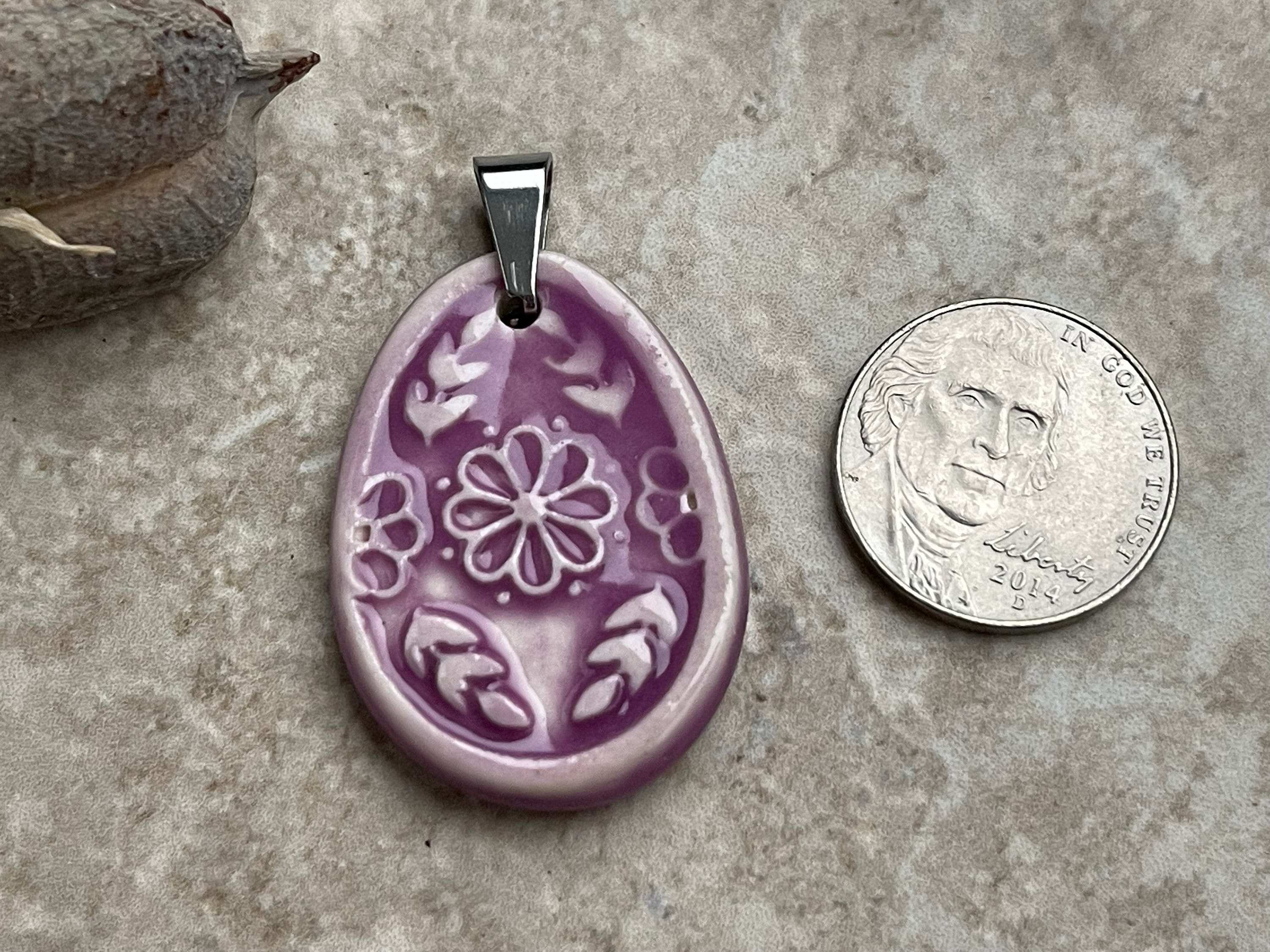 Purple Egg Pendant, Purple Easter Pendant, Porcelain Ceramic Pendant, Violet Pendant, Jewelry Making Components
