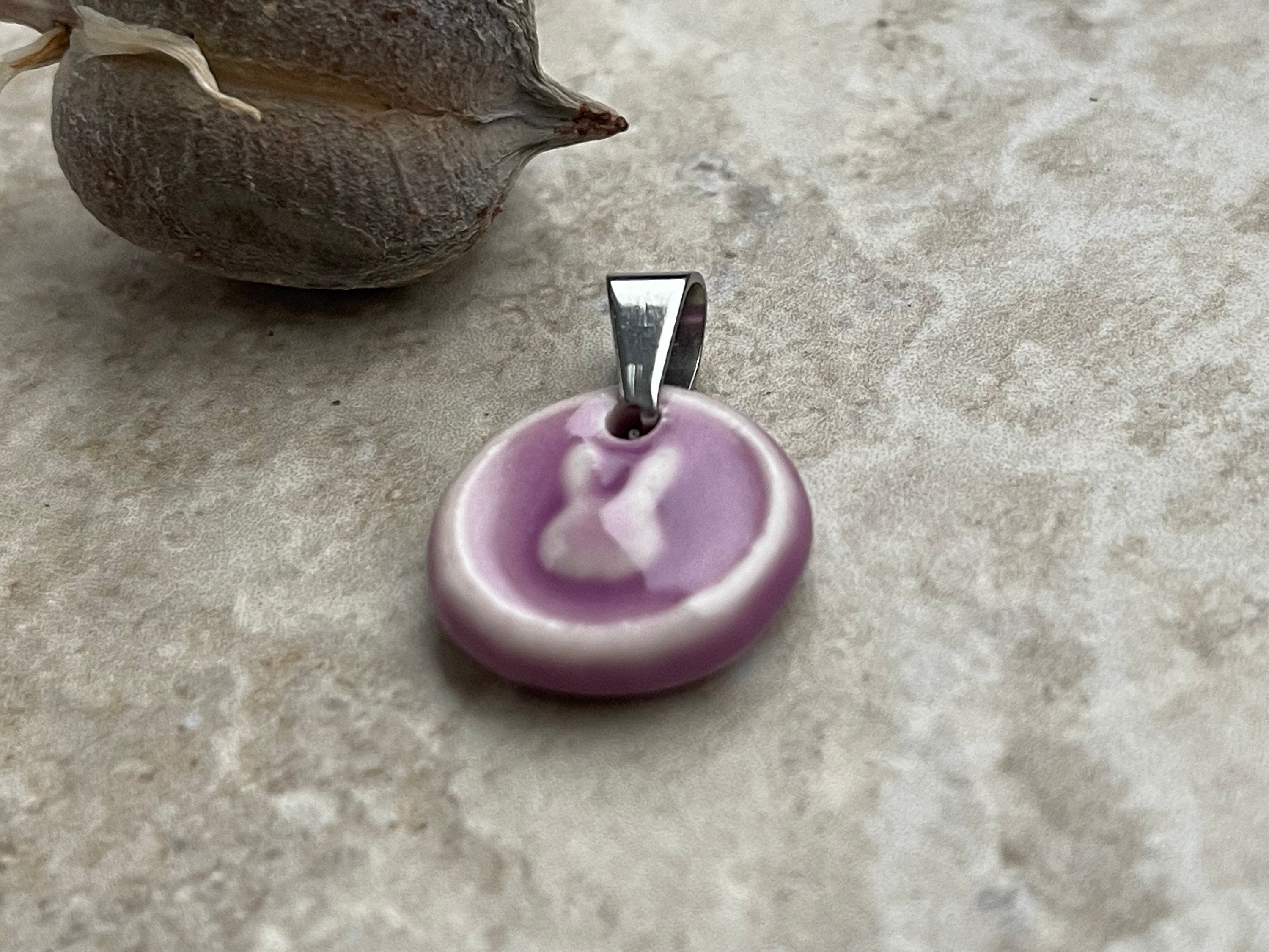 Bunny Circle Pendant, Purple Easter Pendant, Porcelain Ceramic Pendant, Violet Coin Pendant, Jewelry Making Components