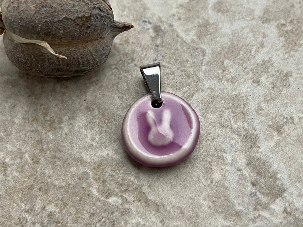 Bunny Circle Pendant, Purple Easter Pendant, Porcelain Ceramic Pendant, Violet Coin Pendant, Jewelry Making Components