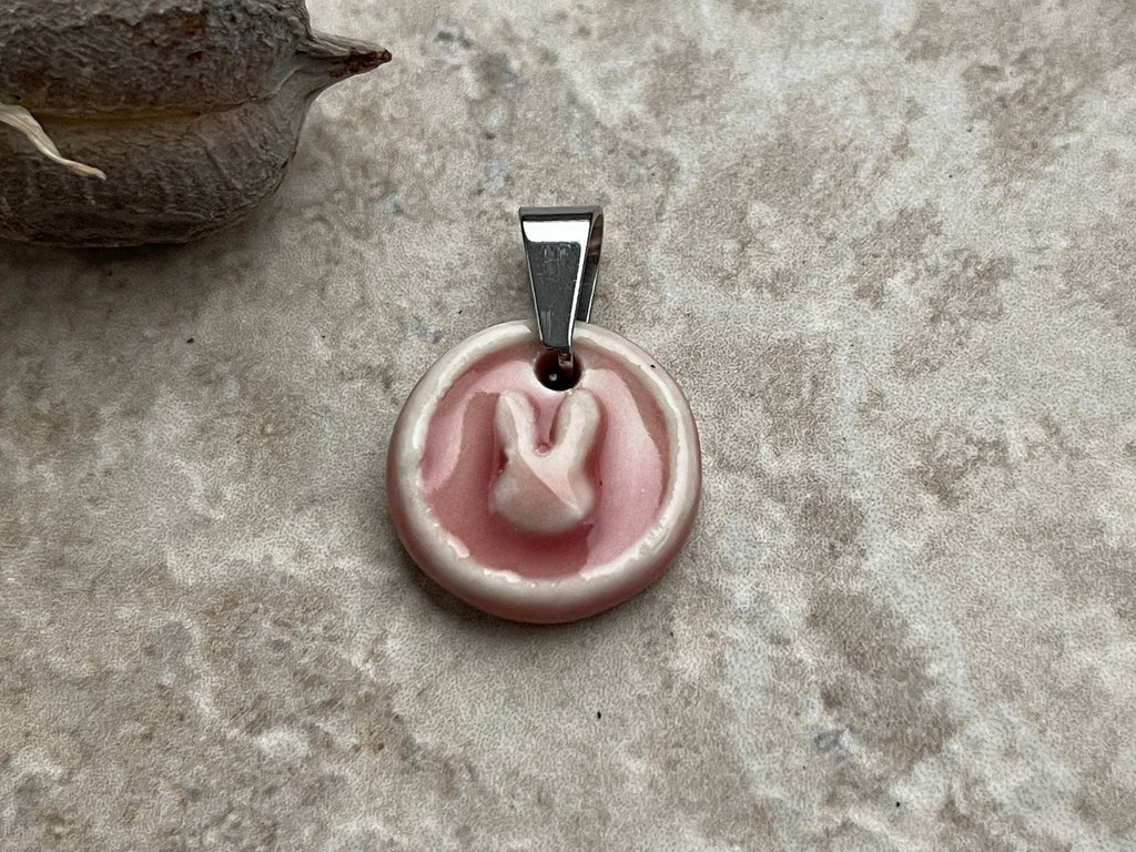 Pink Bunny Pendant, Dainty Layering Necklace, Paperclip chain, Pink Circle Easter, Porcelain Ceramic Pendant, Jewelry Making Component