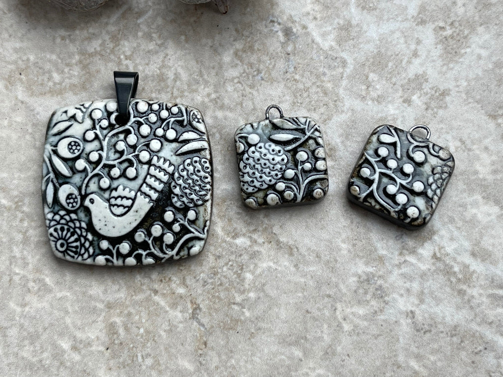 Black and white Bird Pendant and Charms, Scandinavian Square Pendant, Porcelain Ceramic Pendant, Artisan Pendant, Jewelry Making Components