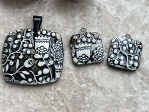 Black and White Tulip Pendant and Charms, Scandinavian Square Pendant, Porcelain Ceramic Pendant, Artisan Pendant, Jewelry Making Components