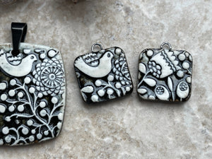 Black and white Bird Pendant and Charms, Scandinavian Square Pendant, Porcelain Ceramic Pendant, Artisan Pendant, Jewelry Making Components