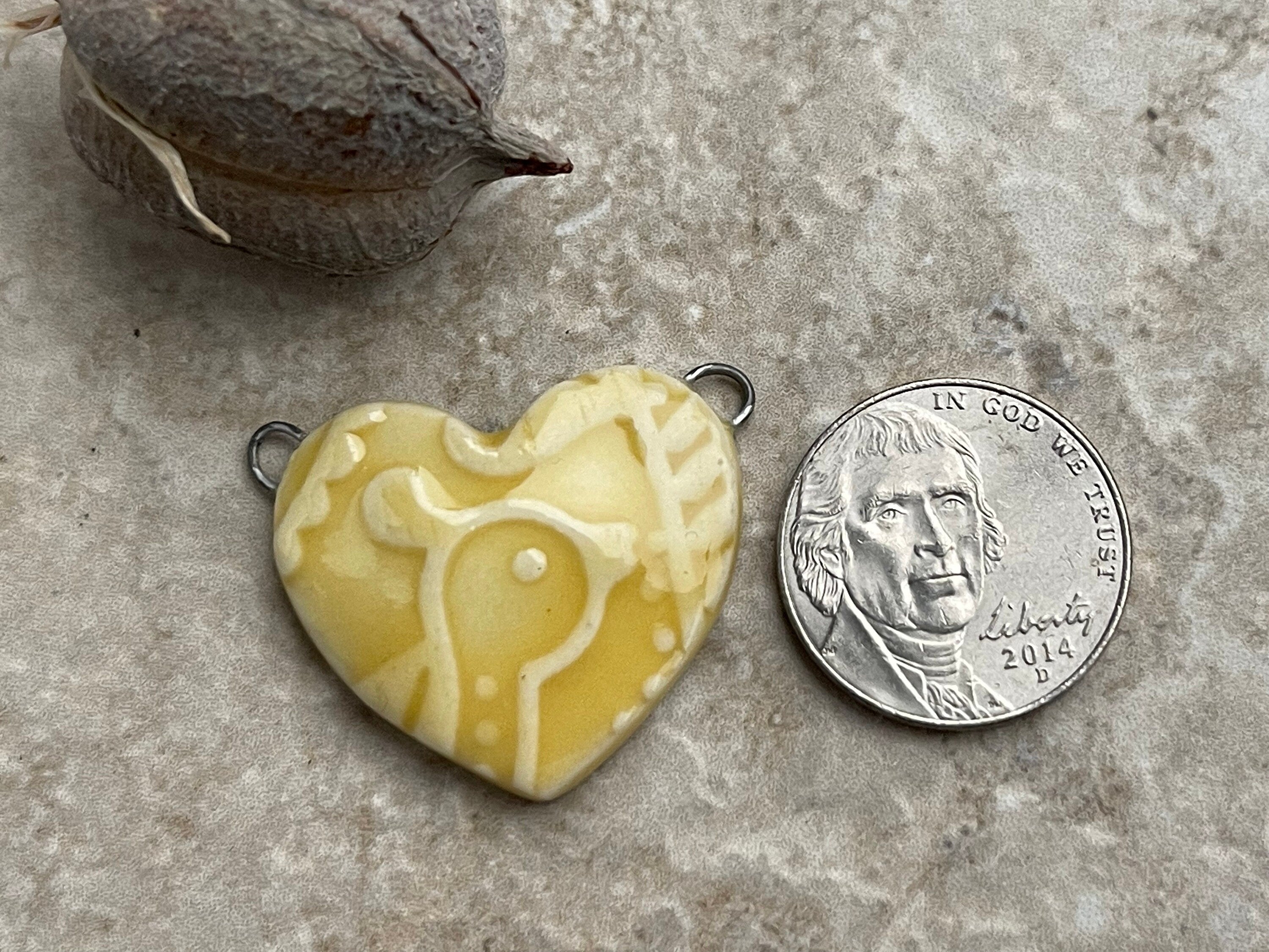 Yellow Bird Heart, Bird Pendant, Gift for Her, Porcelain Ceramic Pendant, Jewelry Making Components