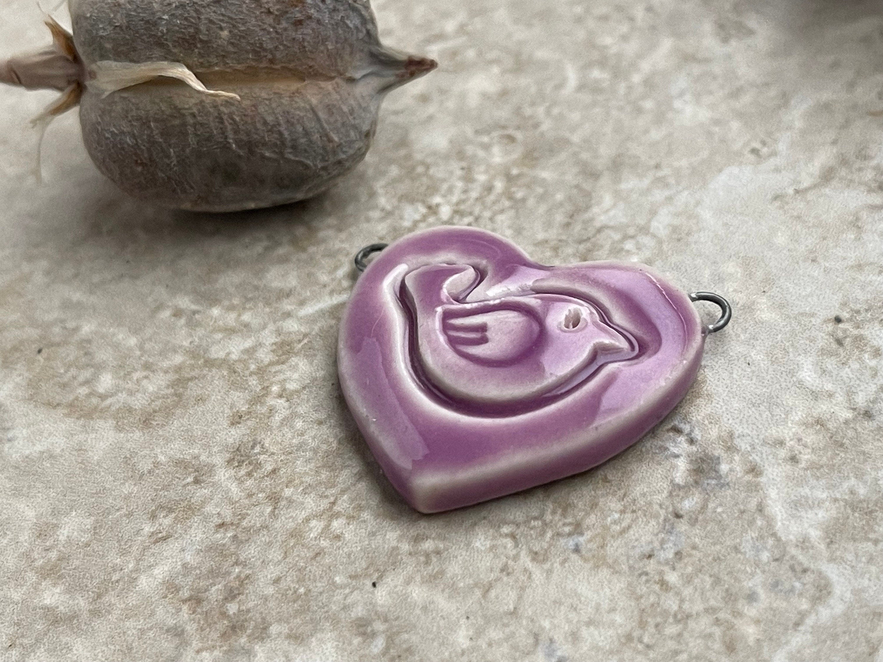 Purple Bird Heart, Violet Bird Pendant, Gift for Her, Porcelain Ceramic Pendant, Jewelry Making Components