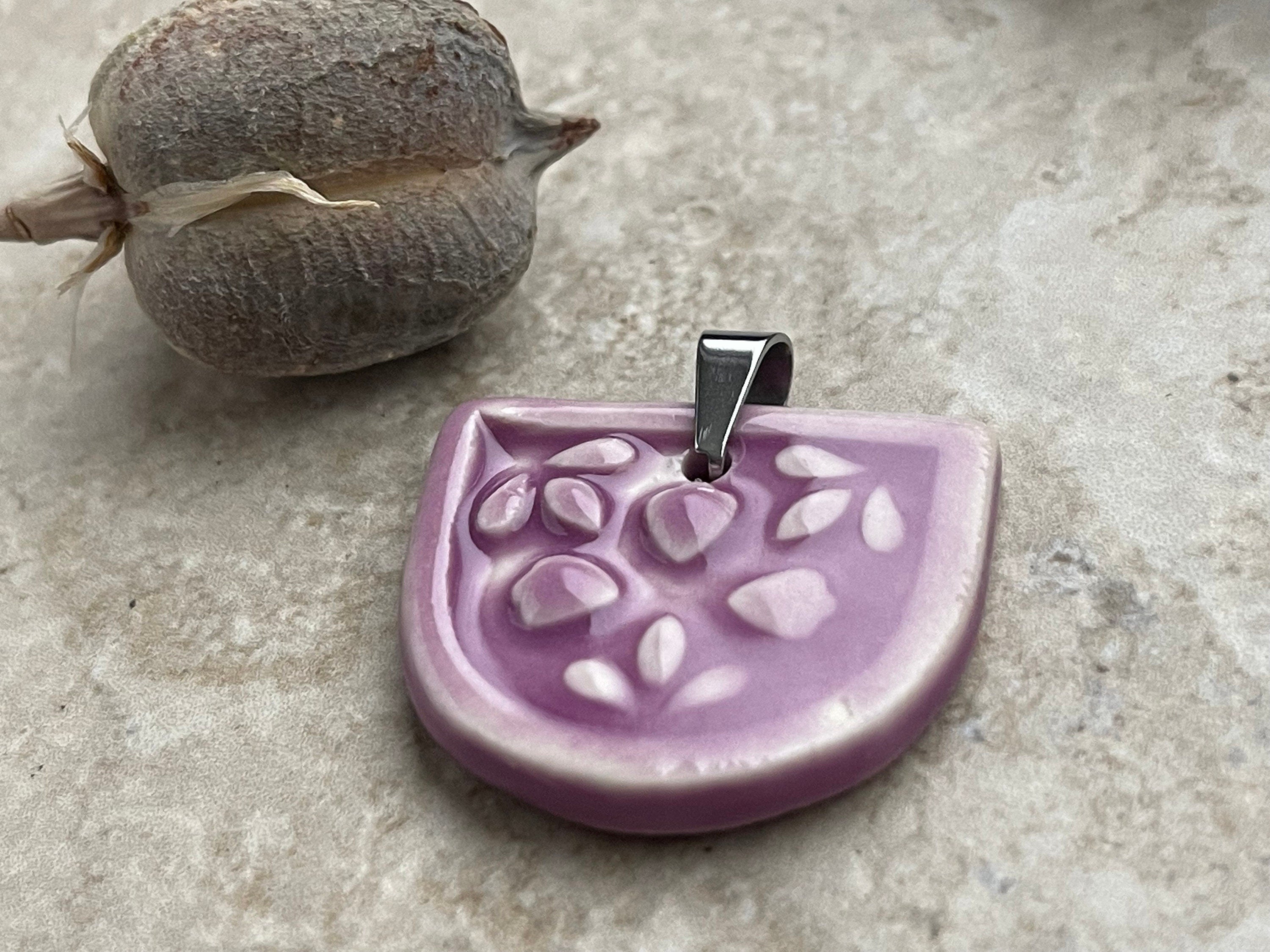 Heart Half Circle Pendant, Purple Heart Pendant, Porcelain Ceramic Pendant, Violet Pendant, Jewelry Making Components