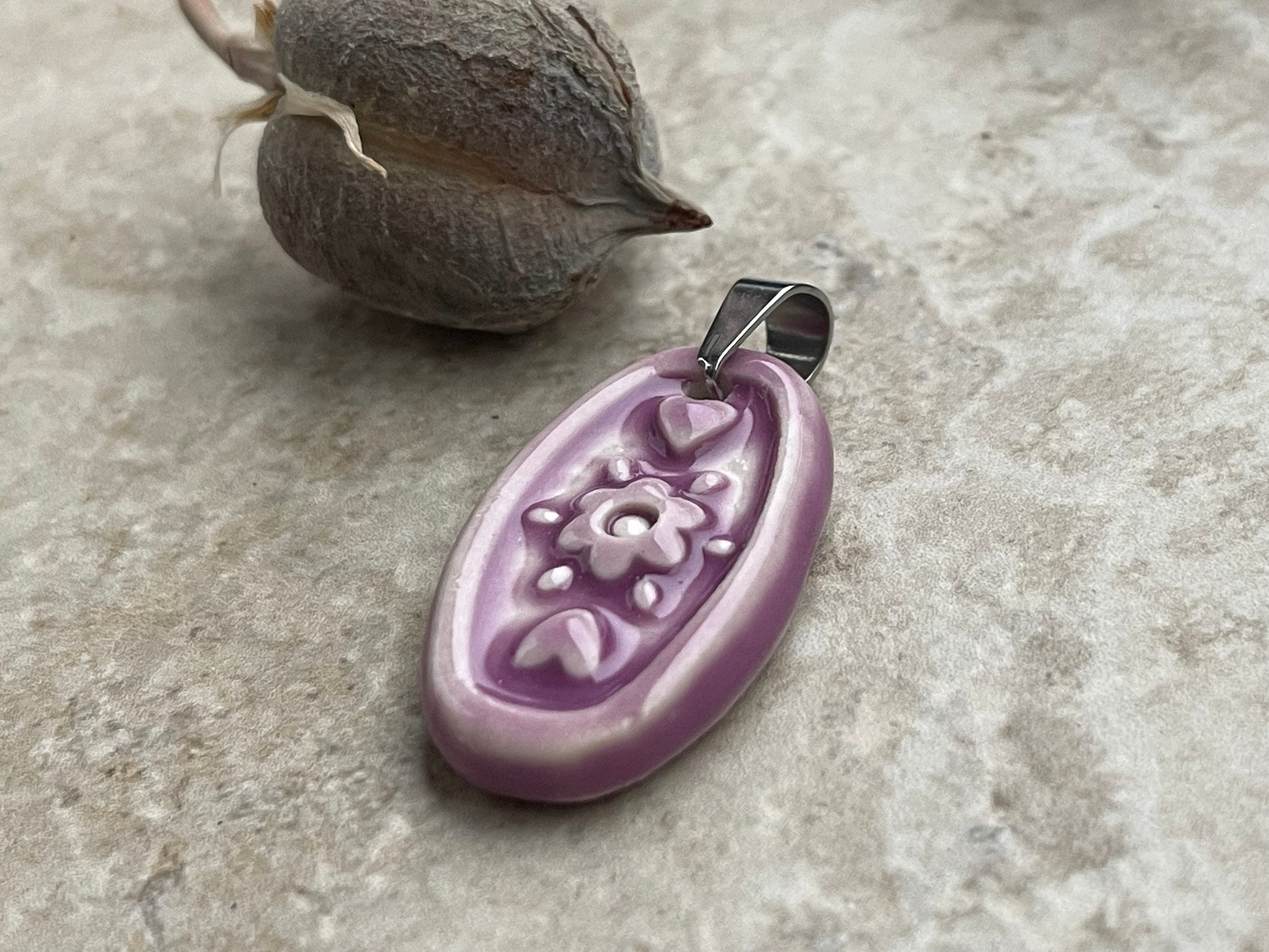 Purple Oval Heart Pendant, Dainty Layering Necklace, Paperclip chain, Violet Pendant, Porcelain Ceramic Pendant, Jewelry Making Components