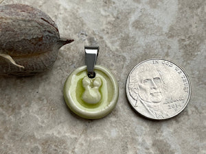 Bunny Coin Pendant, Chartreuse Circle Pendant, Porcelain Ceramic Pendant, Green Easter Pendant, Jewelry Making Components