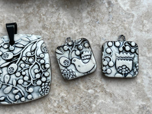 Black and White Tulip Pendant and Charms, Scandinavian Square Pendant, Porcelain Ceramic Pendant, Artisan Pendant, Jewelry Making Components