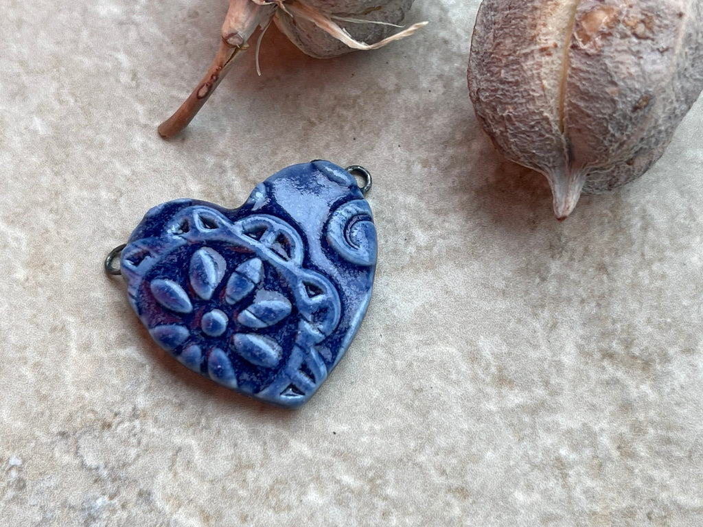 Blue Heart Pendant, Cobalt Folk Pattern, Double Wire Heart Pendant, Jewelry Making Component, DIY Necklace