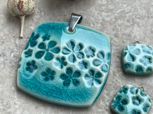 Turquoise Daisy Pendant and Charms, Flower Square Pendant, Porcelain Ceramic Pendant, Artisan Pendant, Jewelry Making Components