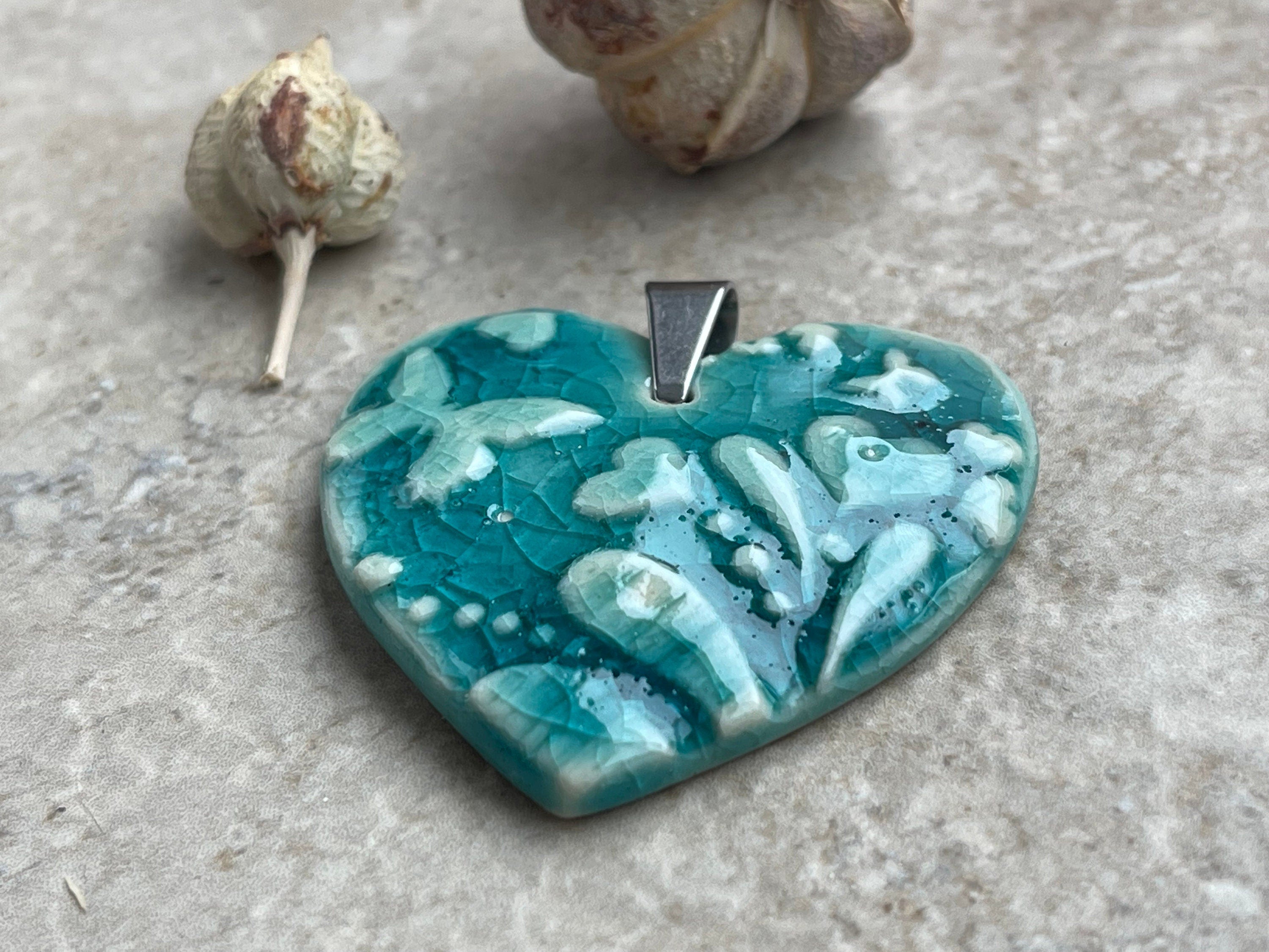 Hearts and Butterflies, Turquoise Heart Pendant, Porcelain Ceramic Pendant, Artisan Pendant, Jewelry Making Components