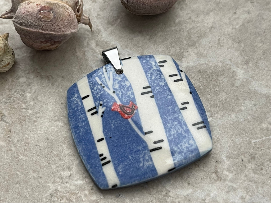 Winter Cardinal Pendant, Birch Pendant, Gift for Her, Blue Porcelain Pendant, Jewelry Making Components