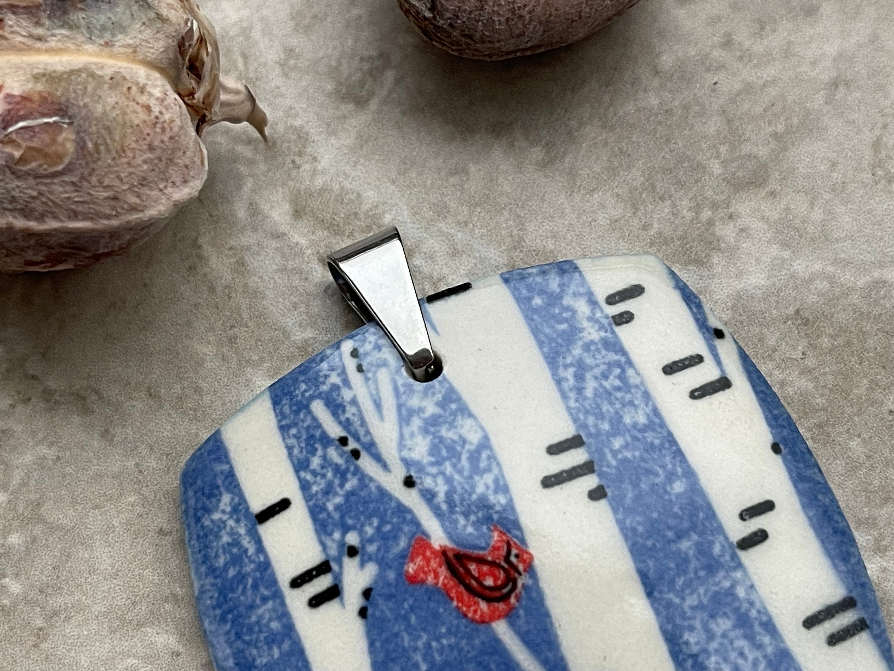 Winter Cardinal Pendant, Birch Pendant, Gift for Her, Blue Porcelain Pendant, Jewelry Making Components