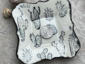 Distressed Cactus Ring Dish, Womens Jewelry Storage, Black and White Ring Dish, Trinket Tray, Porcelain Tray, Cacti Dish, Cactus Lover