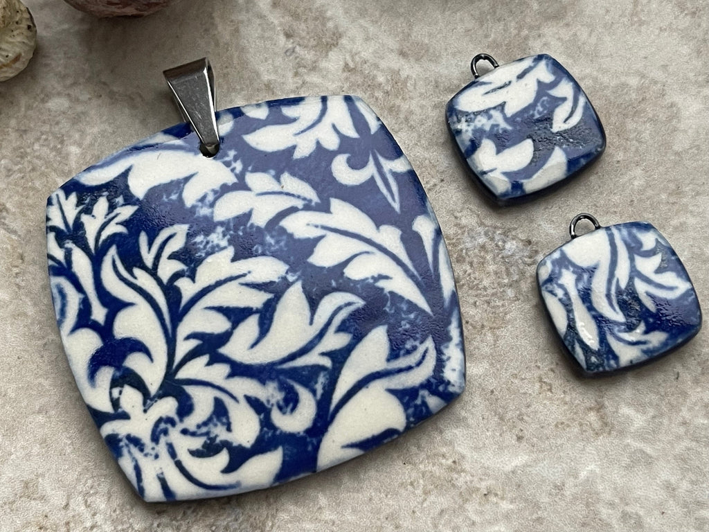 Cobalt Damask Pendant and Charms, Blue and White Square Pendant, Porcelain Ceramic Pendant, Artisan Pendant, Jewelry Making Components
