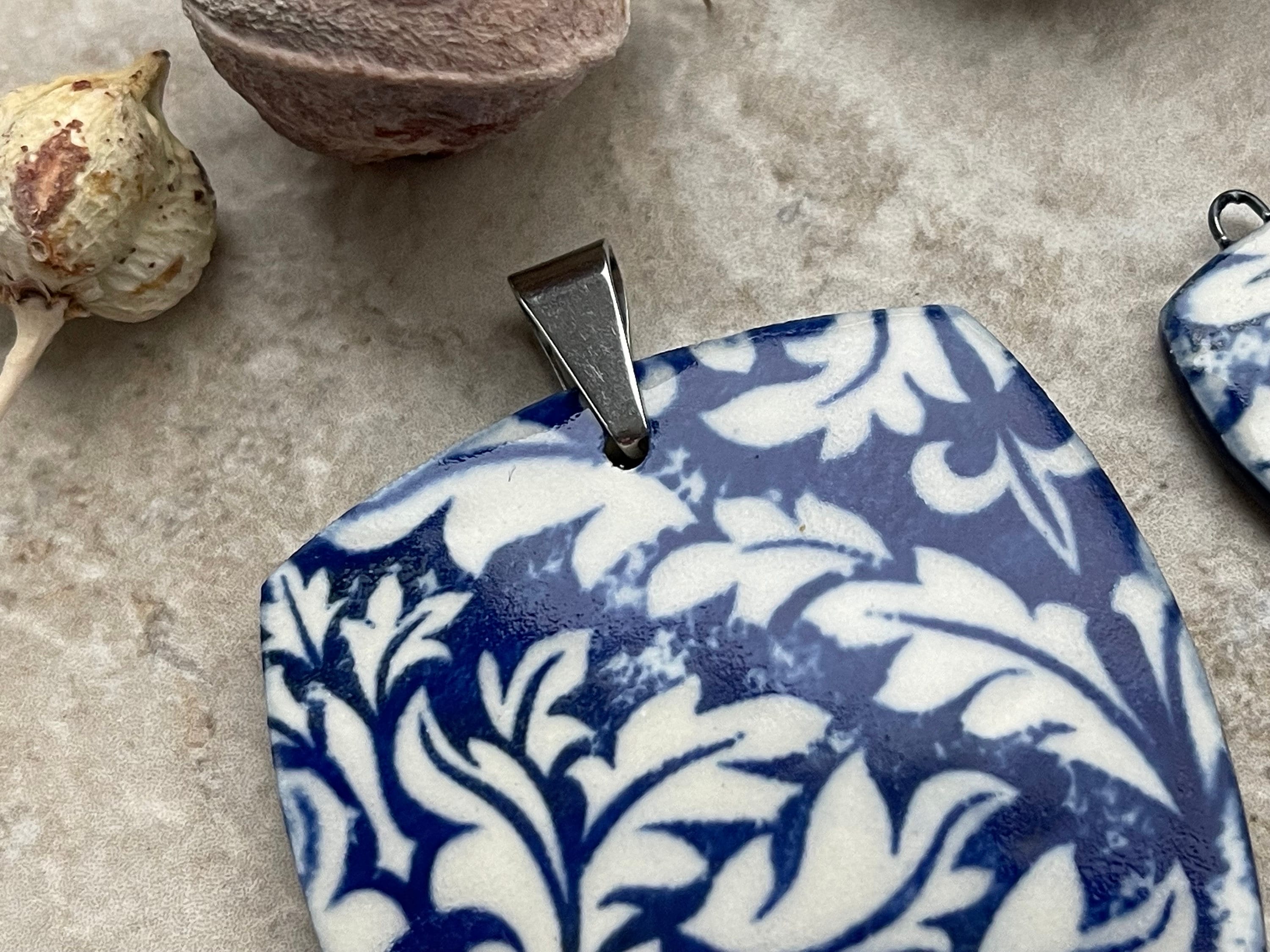 Cobalt Damask Pendant and Charms, Blue and White Square Pendant, Porcelain Ceramic Pendant, Artisan Pendant, Jewelry Making Components