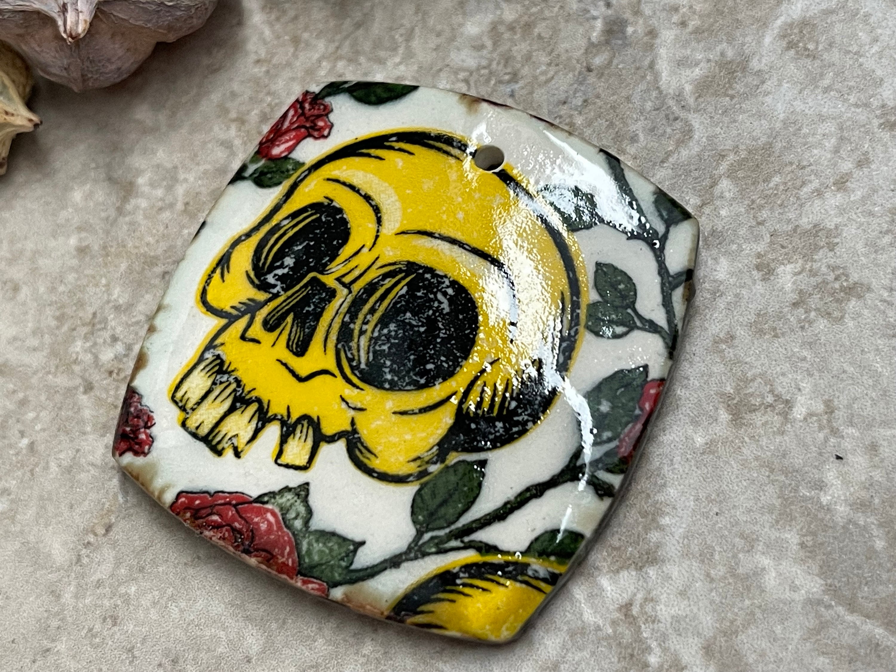 Skulls and Roses Pendant, Tattoo Style Pendant, Spooky Pendant, Gift for Her, Porcelain Pendant, Jewelry Making Components