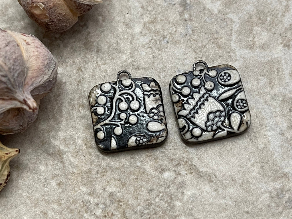Black and White Tulip Beads, Black Earring Bead Pair, Porcelain Ceramic Charms, Jewelry Making Components, Beading Handmade