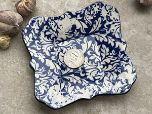 Distressed Damask Dish, Womens Jewelry Storage, Blue Ring Dish, Contemporary Trinket Tray, Porcelain Tray