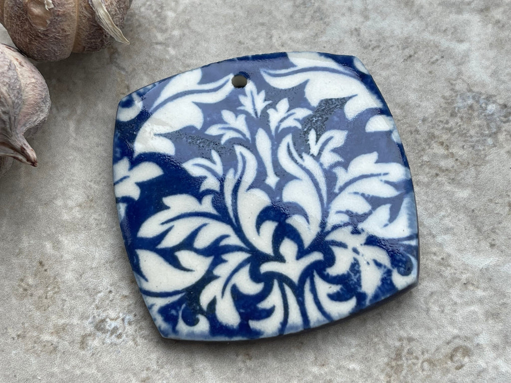 Blue and White Damask Pendant, Brocade Pendant, Gift for Her, Delft Porcelain Necklace, Jewelry Making Components
