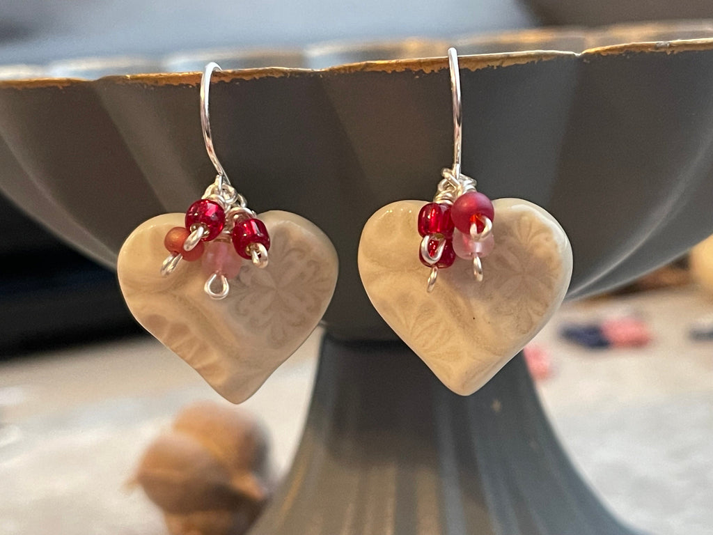 Artisan Heart Earrings, Pink, Red, and White Heart Earrings, Handmade Earrings, Unique Earrings, Unusual Earrings