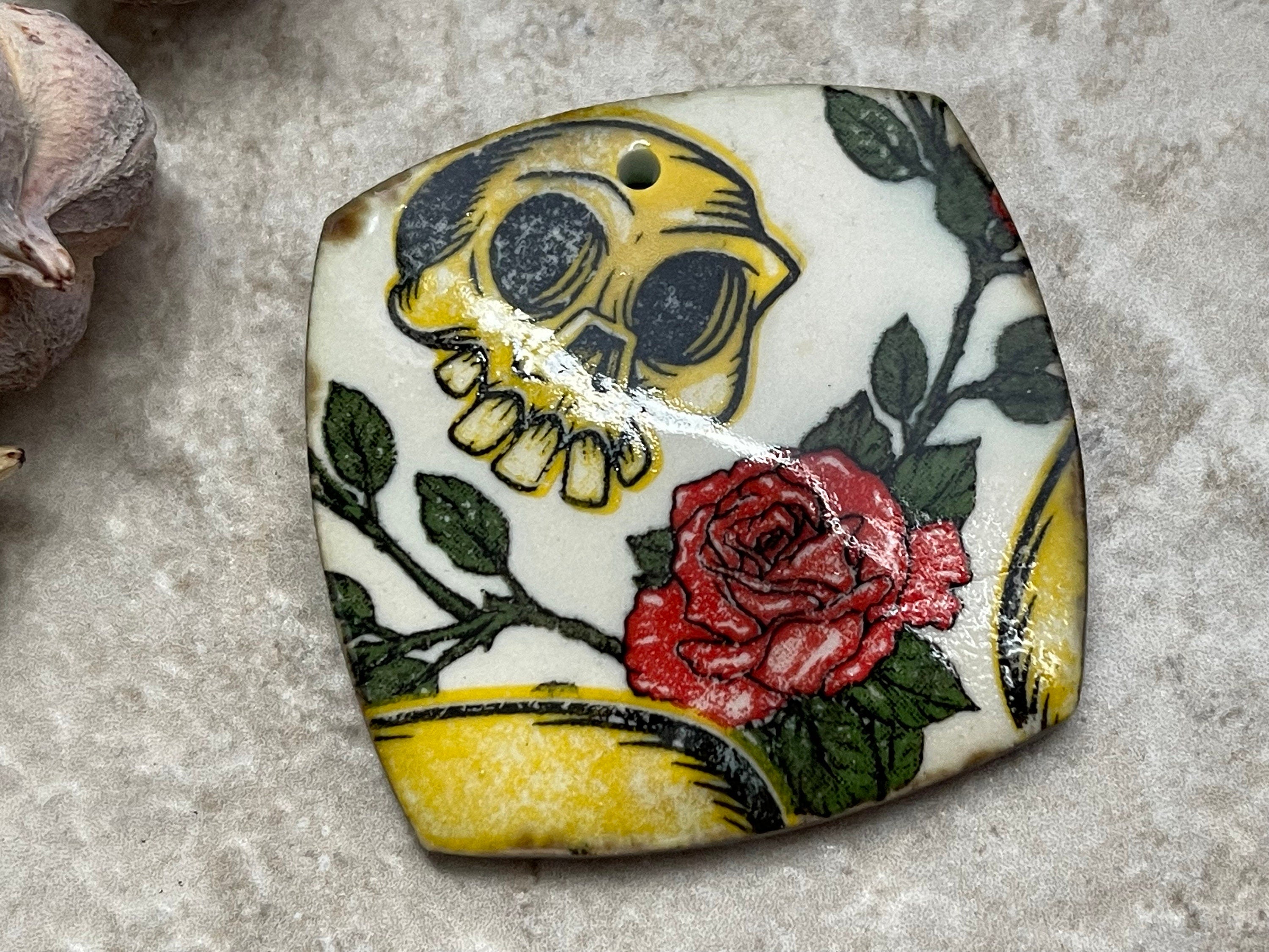 Skulls and Roses Pendant, Tattoo Style Pendant, Spooky Pendant, Gift for Her, Porcelain Pendant, Jewelry Making Components