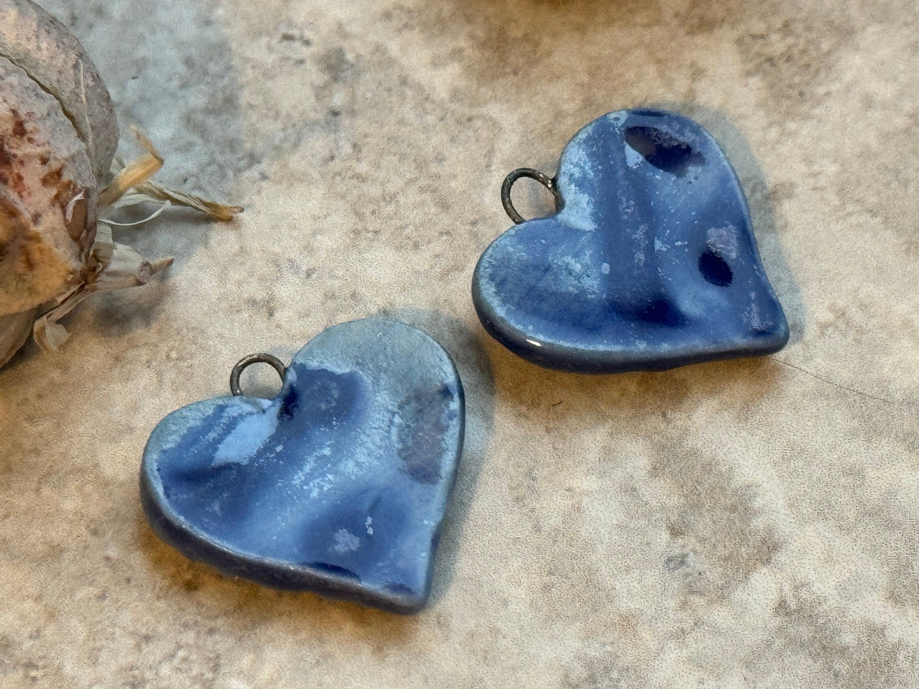 Blue Talavera Earring Bead Pair, Hearts, Vintage Pattern, Porcelain Ceramic Charms, Jewelry Making Components, Beading Handmade