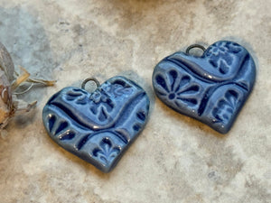Blue Talavera Earring Bead Pair, Hearts, Vintage Pattern, Porcelain Ceramic Charms, Jewelry Making Components, Beading Handmade