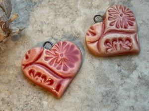 Red Talavera Earring Bead Pair, Hearts, Vintage Pattern, Porcelain Ceramic Charms, Jewelry Making Components, Beading Handmade