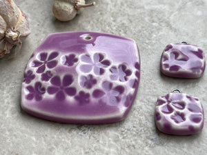 Violet Floral Pendant and Charms, Pendant, Obtuse Square, Porcelain Ceramic Pendant, Artisan Pendant, Jewelry Making Components