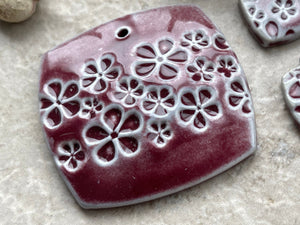 Burgundy Floral Pendant and Charms, Pendant, Obtuse Square, Porcelain Ceramic Pendant, Artisan Pendant, Jewelry Making Components