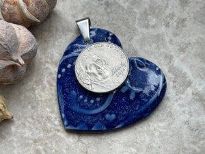 Large Blue Hearts and Butterflies Pendant, Porcelain Ceramic Pendant, Artisan Pendant, Jewelry Making Components