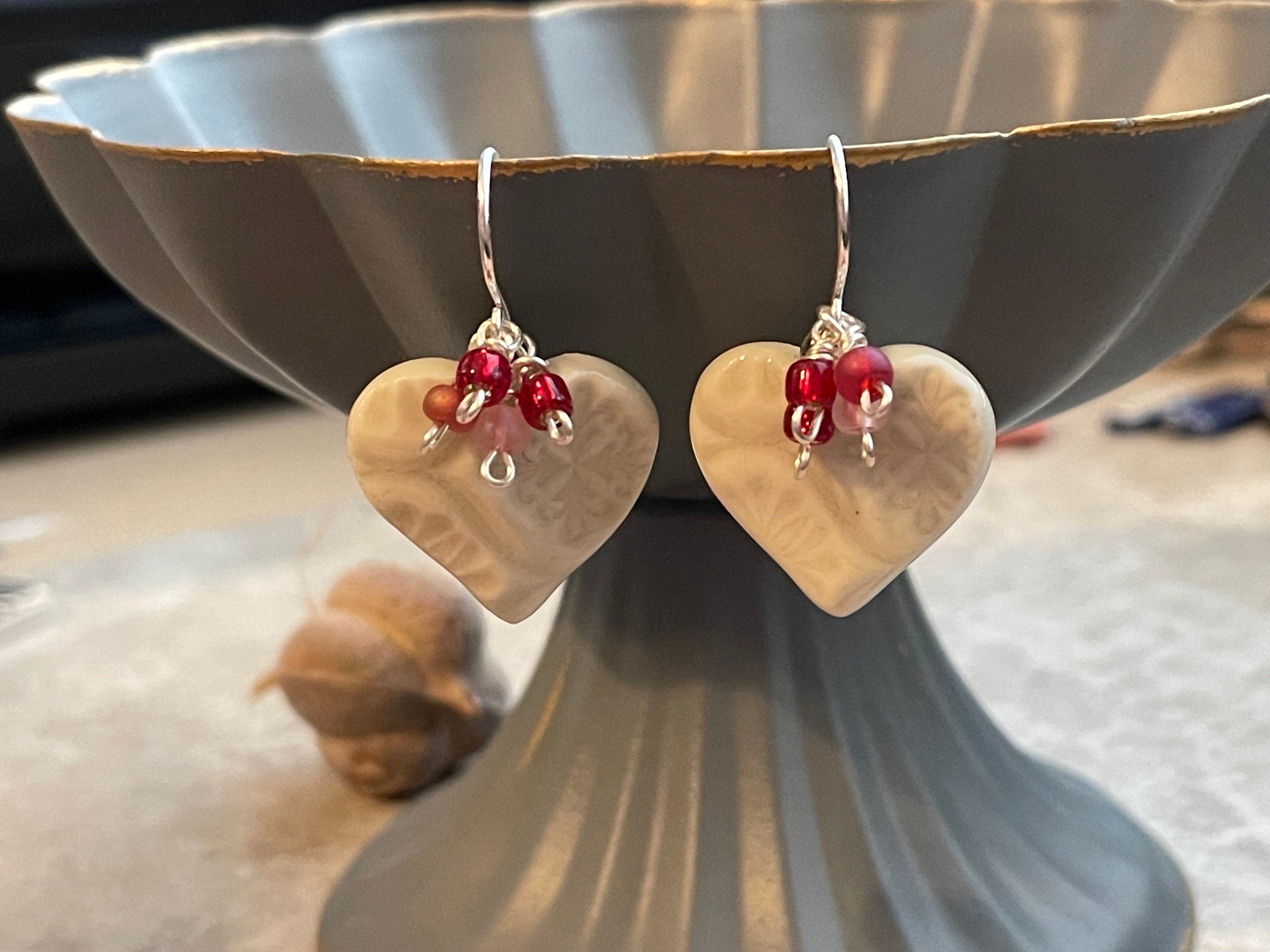Artisan Heart Earrings, Pink, Red, and White Heart Earrings, Handmade Earrings, Unique Earrings, Unusual Earrings