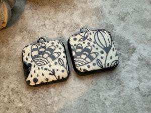 Flower Beads, Black and White Square, Black Earring Bead Pair, Unique Beads, Porcelain Ceramic Charms, Jewelry Components, Beading Handmade