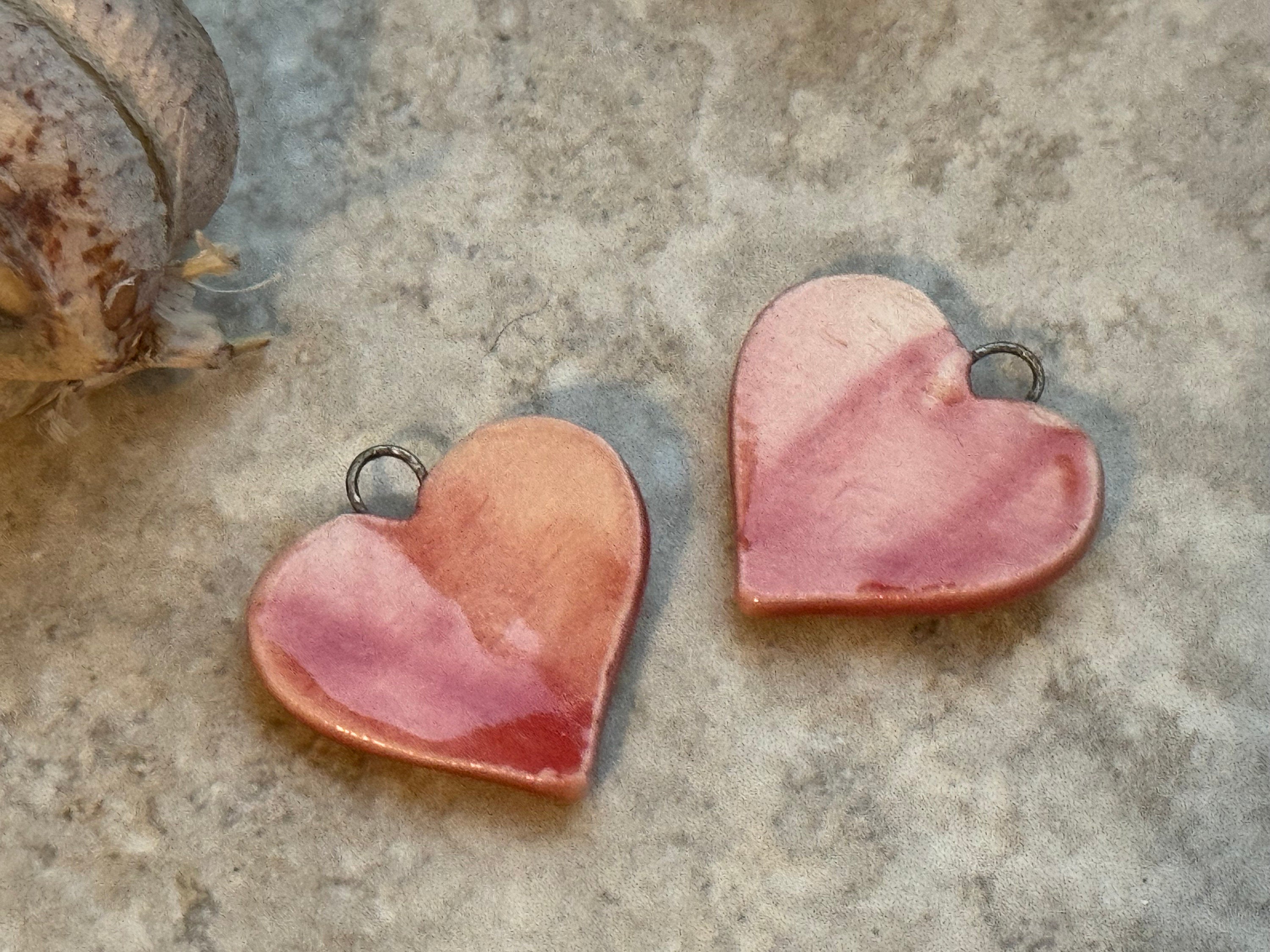 SECOND Red Hearts and Butterfly Earring Bead Pair, Hearts, Porcelain Ceramic Charms, Jewelry Making Components, Beading Handmade