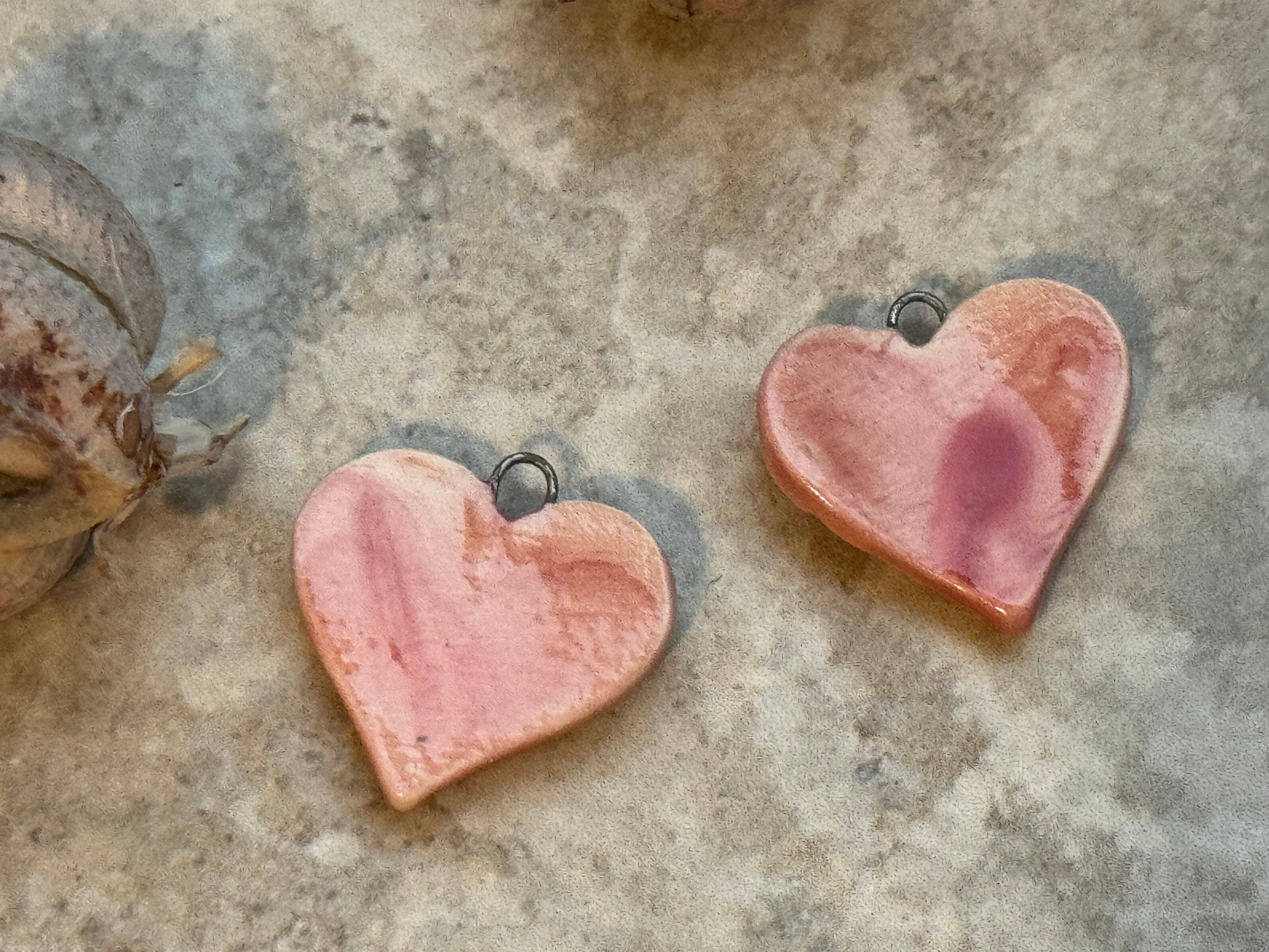 Red Butterfly Earring Bead Pair, Hearts, Vintage Pattern, Porcelain Ceramic Charms, Jewelry Making Components, Beading Handmade