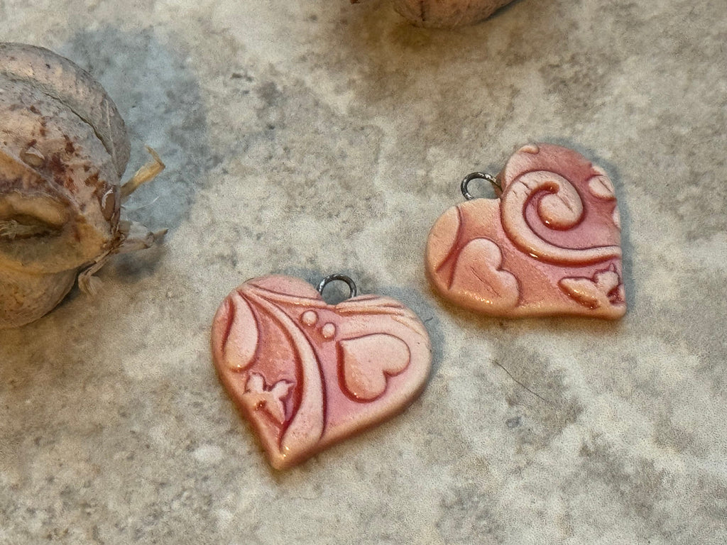 Red Butterfly Earring Bead Pair, Hearts, Vintage Pattern, Porcelain Ceramic Charms, Jewelry Making Components, Beading Handmade
