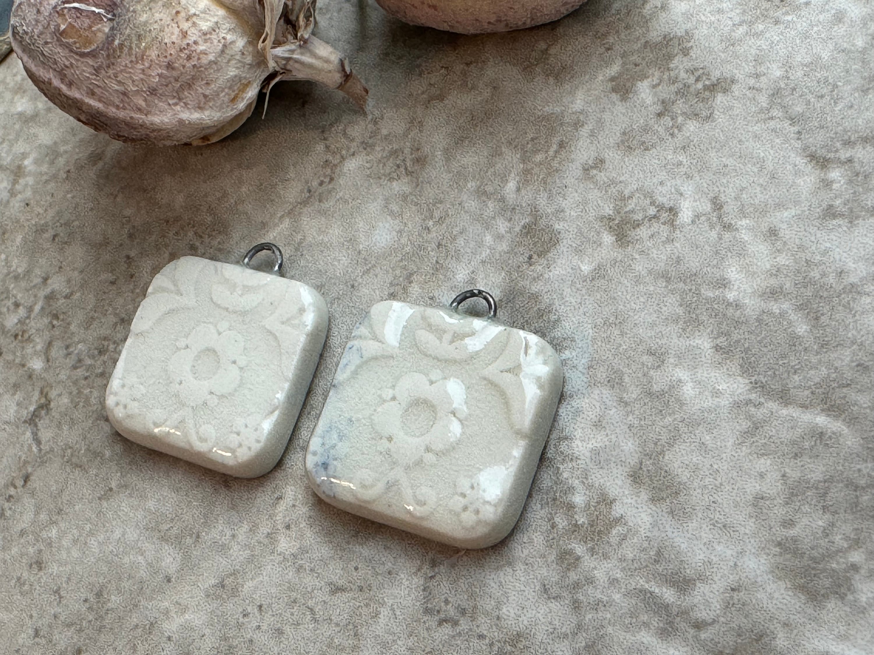 White Earring Bead Pair, Square Folk Pattern, Porcelain Ceramic Charms, Jewelry Making Components, Beading Handmade
