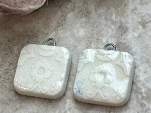 White Earring Bead Pair, Square Folk Pattern, Porcelain Ceramic Charms, Jewelry Making Components, Beading Handmade
