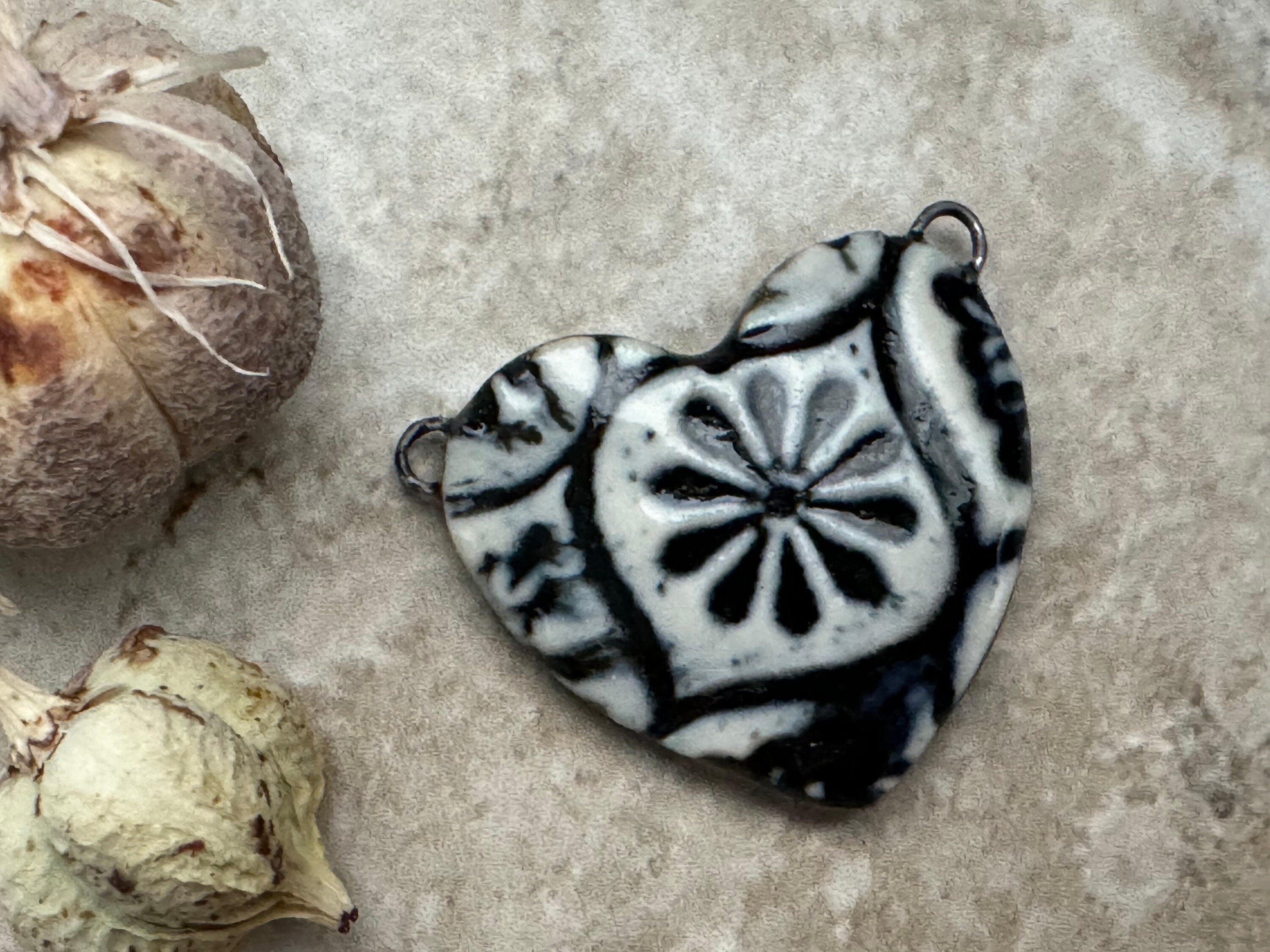 Talavera Heart Necklace, Black and White Heart Pendant, Paperclip Chain, Porcelain Ceramic Pendant, Heart Necklace, Dainty Layering Necklace
