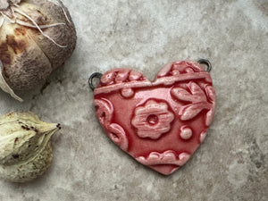 Red Heart, Vintage Pattern Heart, Double Wire Heart Pendant, Porcelain Ceramic Pendant, Artisan Pendant, Jewelry Making Components