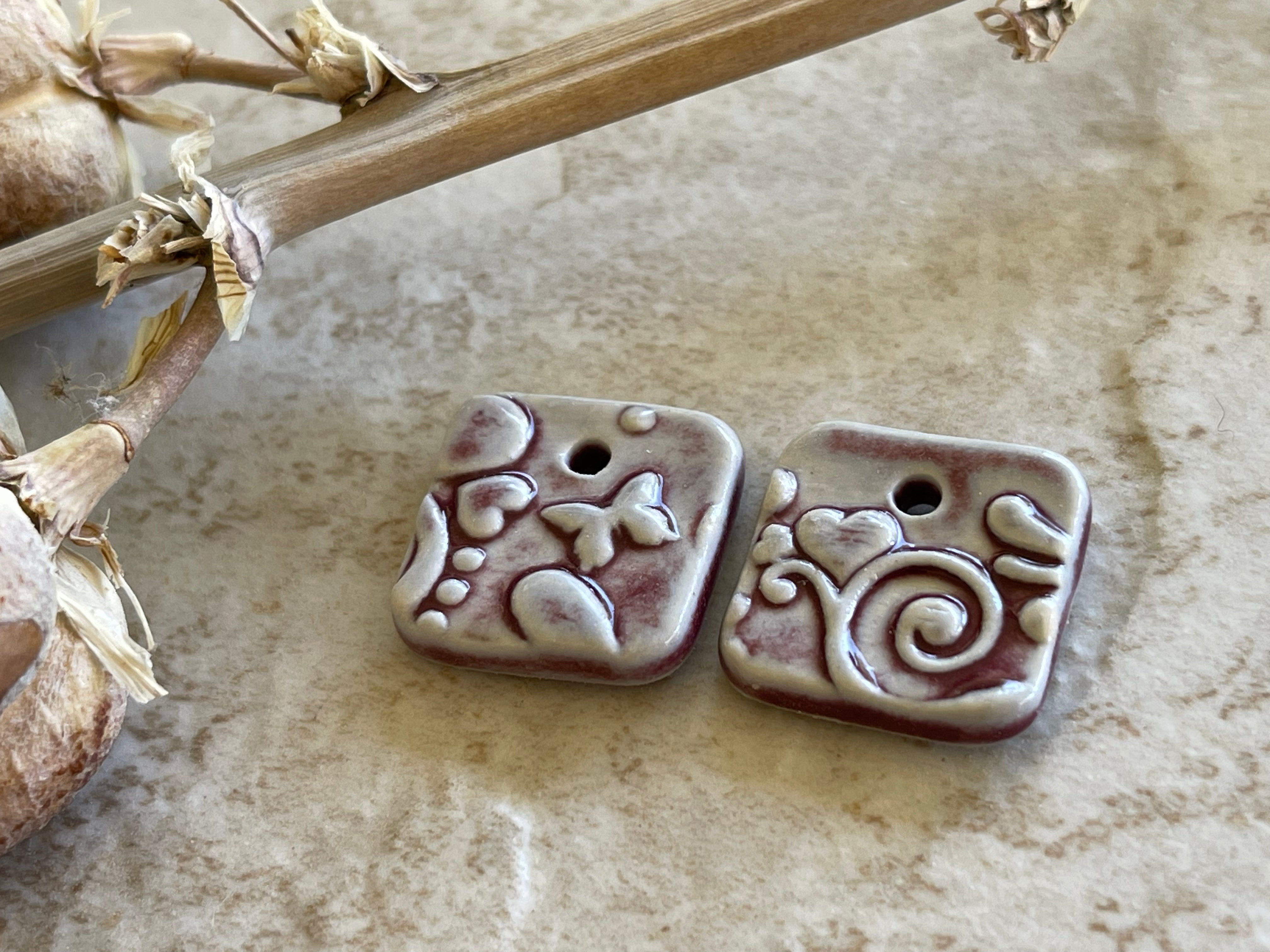 Burgundy Square Earring Bead Pair, Porcelain Ceramic Charms, Jewelry Making Components, Beading Handmade, DIY Earrings, DIY Beads