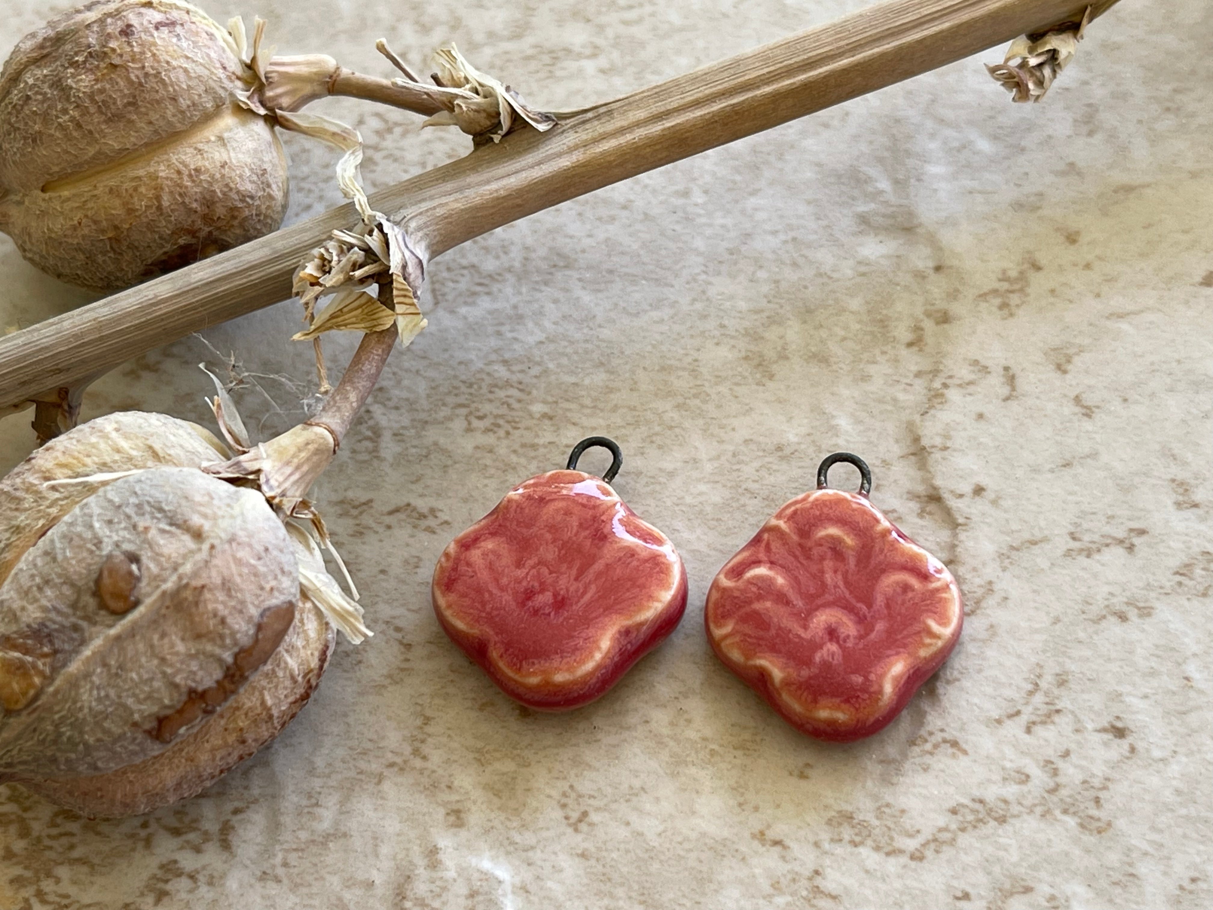 Red/Pink Quatrefoil Earring Bead Pair, Porcelain Ceramic Charms, Jewelry Making Components, Beading Handmade, DIY Earrings, DIY Beads
