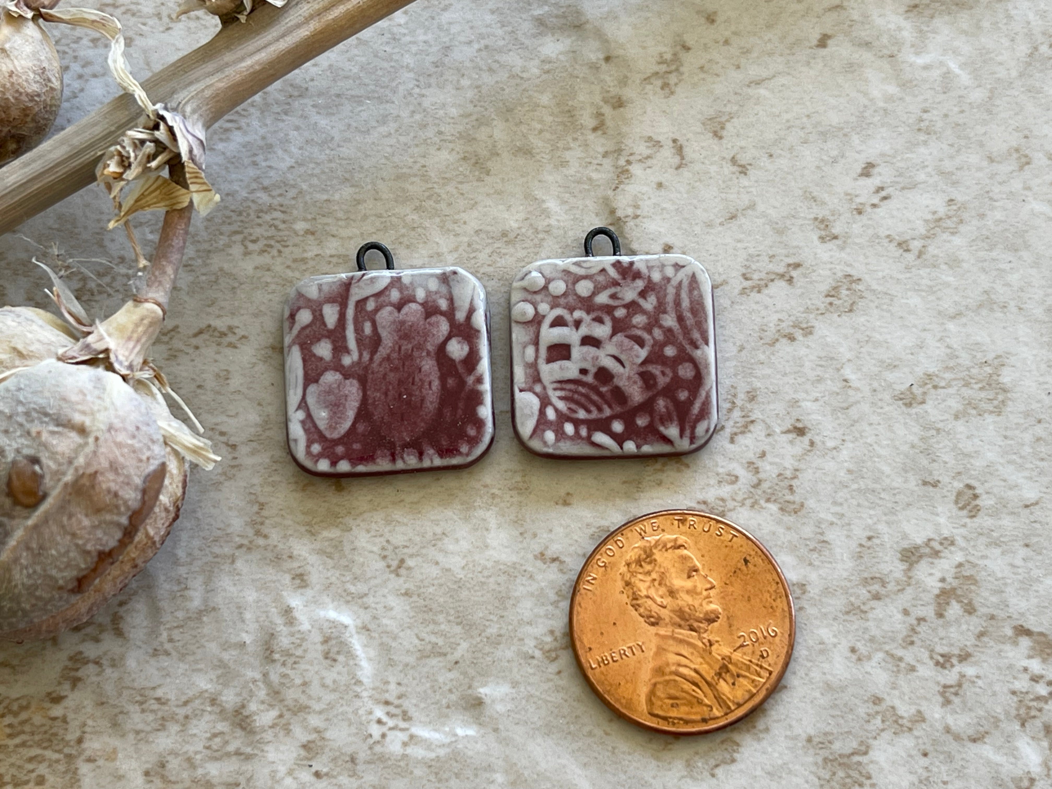 Burgundy Square Floral , Earring Bead Pair, Porcelain Charms, Ceramic Charms, Jewelry Making Components, Beading Handmade, DIY Earrings, DIY Beads