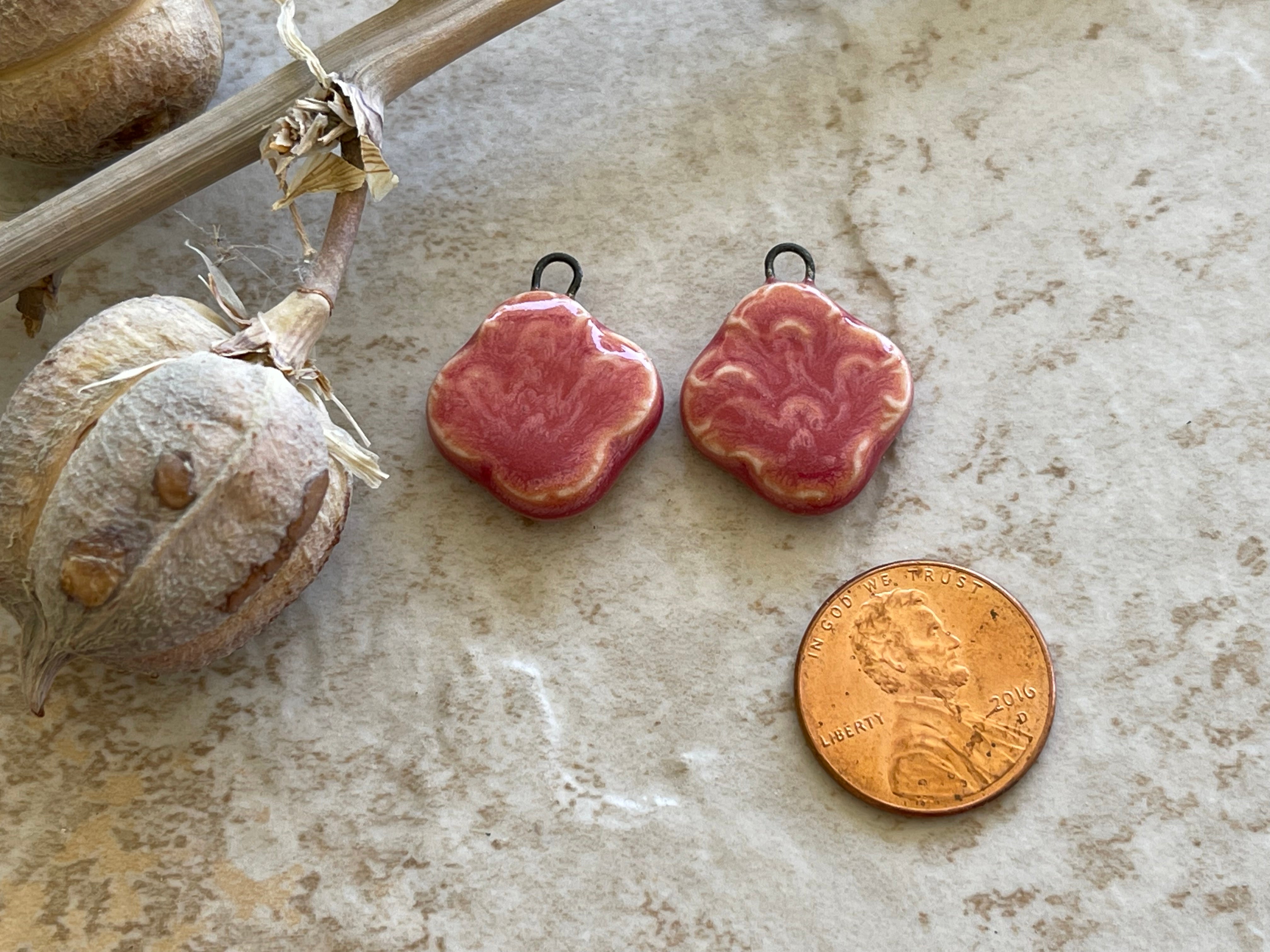 Red/Pink Quatrefoil Earring Bead Pair, Porcelain Ceramic Charms, Jewelry Making Components, Beading Handmade, DIY Earrings, DIY Beads