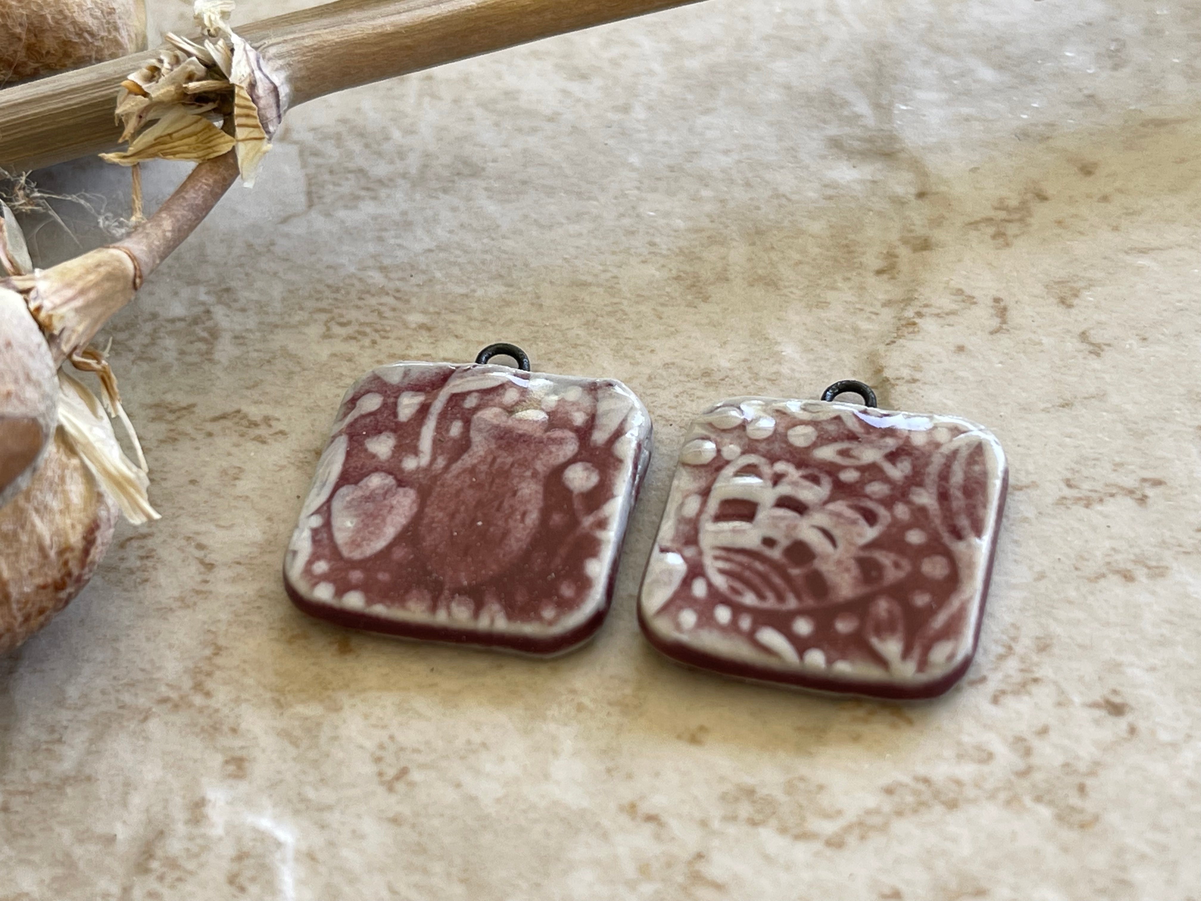 Burgundy Square Floral , Earring Bead Pair, Porcelain Charms, Ceramic Charms, Jewelry Making Components, Beading Handmade, DIY Earrings, DIY Beads
